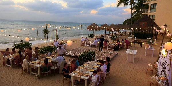 Beach wedding reception setup at Dreams Cozumel Cape with oceanfront views